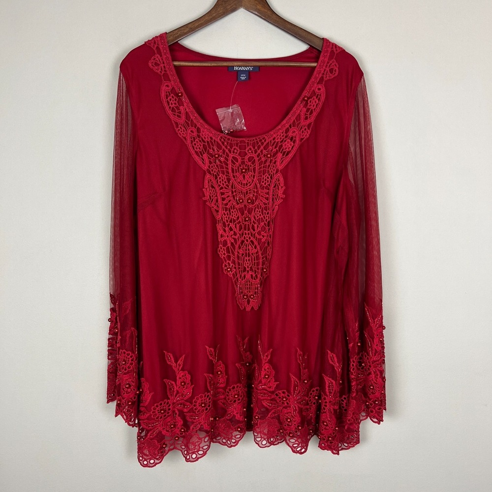 Roamans Blouse Tunic Top Womens 24W Red Lace Mesh Beaded Sheer Lined Dressy New